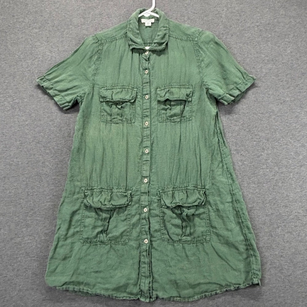 Sundance‎ Shirt Dress Womens PM Linen Button Front Utility Pocket Green Chore